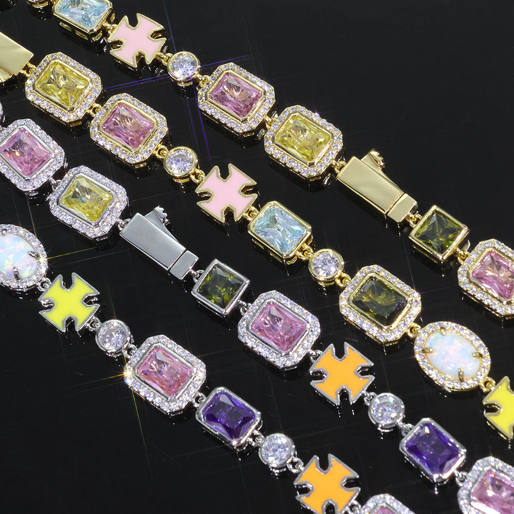 Four chains with varied gemstone colors arranged in parallel rows