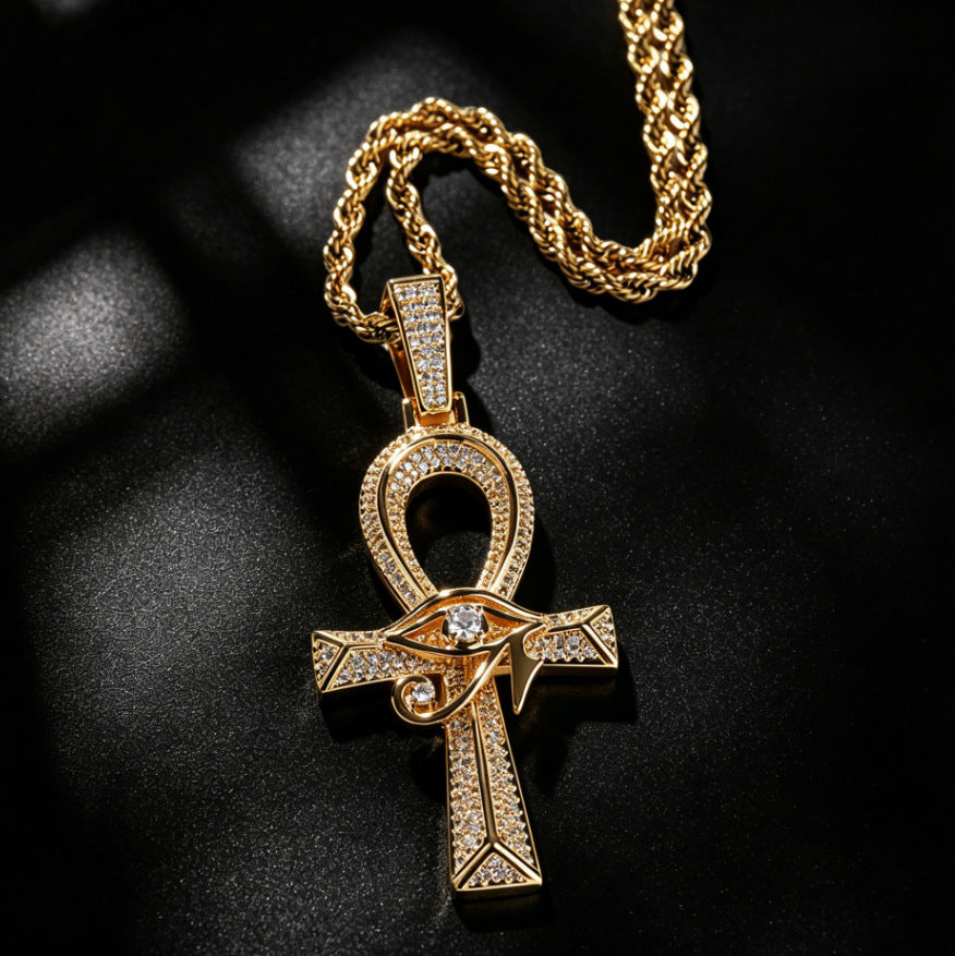 Gold Cross Pendant - Iced Eye of Horus Ankh