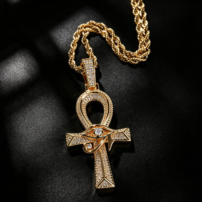 Gold Cross Pendant - Iced Eye of Horus Ankh