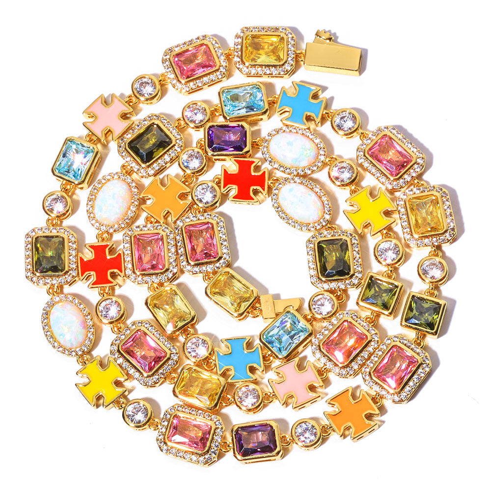 10MM Gold Cross Link Chain - Iced Multi-Color Gemstone Charms