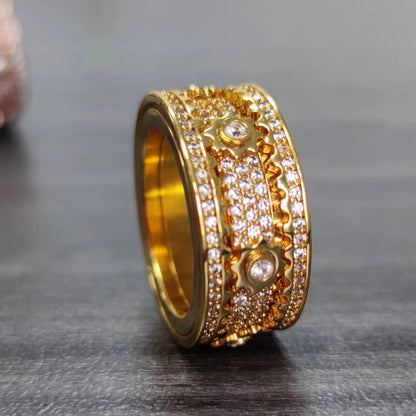 Gold Spinner Ring - Iced Rotating Gear Center