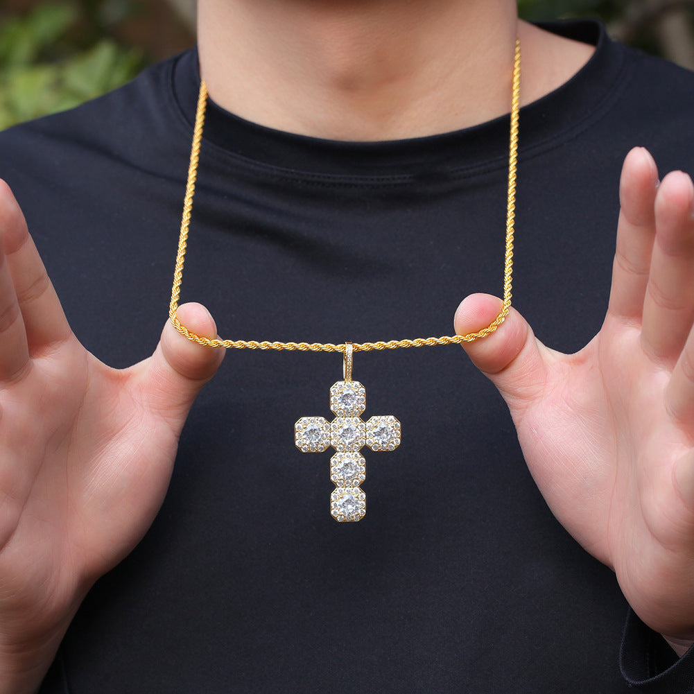 Gold Cross Pendant - Five Stone Halo Cross