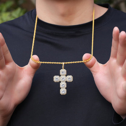 Gold Cross Pendant - Five Stone Halo Cross