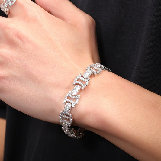 12MM White Gold Link Bracelet - Mirrored C Baguette Links