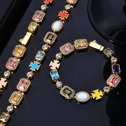 10MM Gold Cross Link Chain - Iced Multi-Color Gemstone Charms