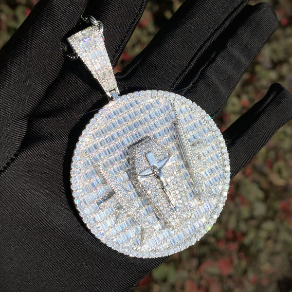 White Gold Jesus Pendant - Double Gun Guardian Cross Disc