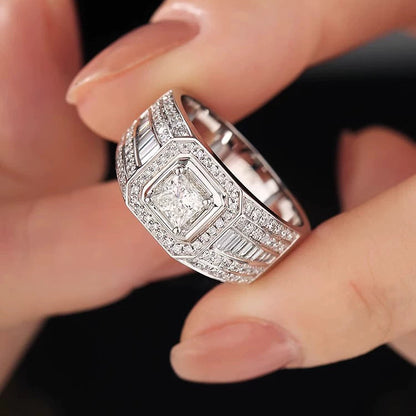 White Gold Signet Ring - Round Stone Double-Row Sides