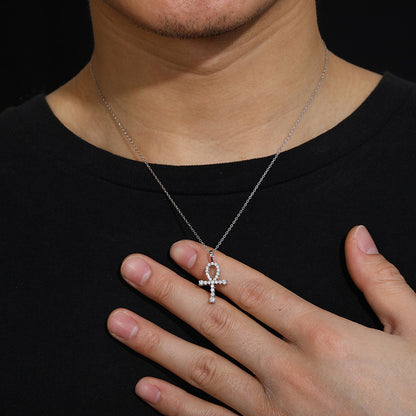 White Gold Moissanite Pendant - S925 Iced Ankh Cross