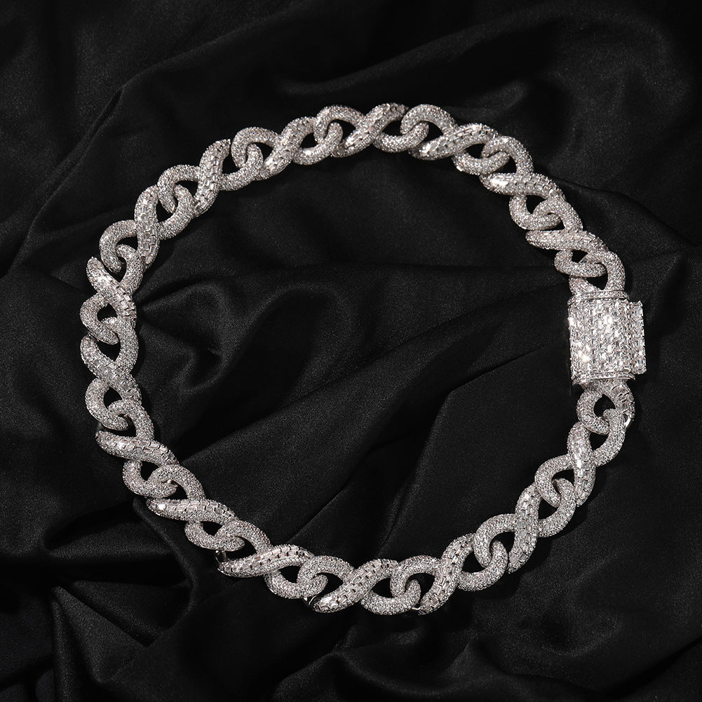 16MM white gold Cuban link chain displayed in a circular loop with its box clasp visible