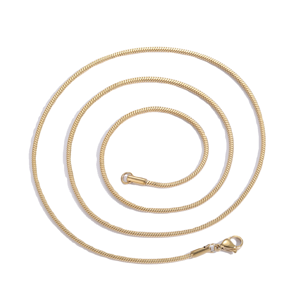 Coiled 2MM gold snake chain against a white background with its lobster clasp visible