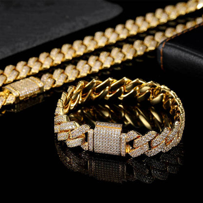 14MM Gold Cuban Link Bracelet - Gold Slash Pavé Links