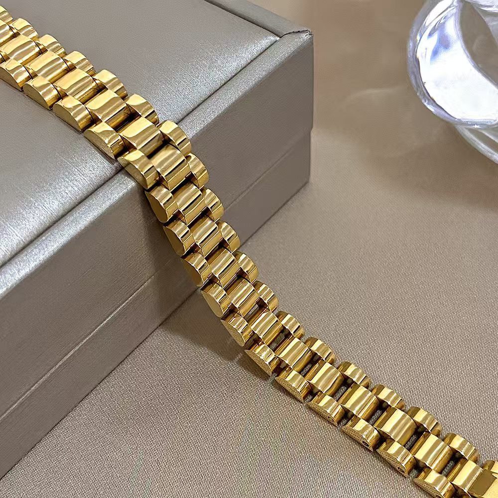 10MM Gold Watch Link Bracelet - Polished 3-Row Links
