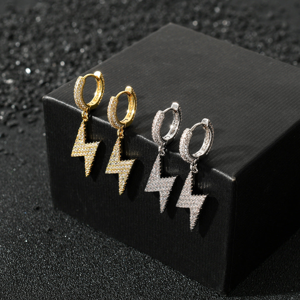 Gold Hoop Earrings - Iced Lightning Bolt Drops
