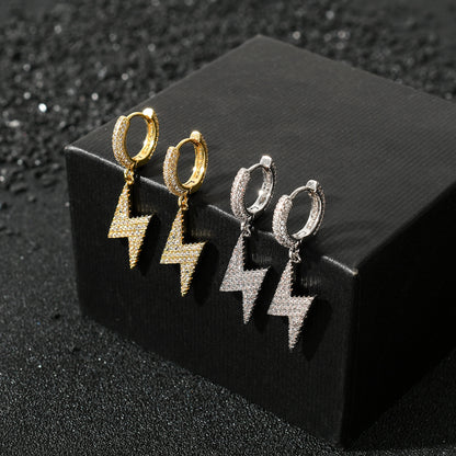 Gold Hoop Earrings - Iced Lightning Bolt Drops