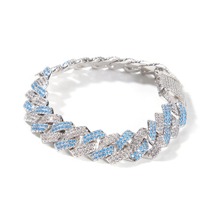 13MM White Gold Cuban Link Bracelet - Blue Split Pavé