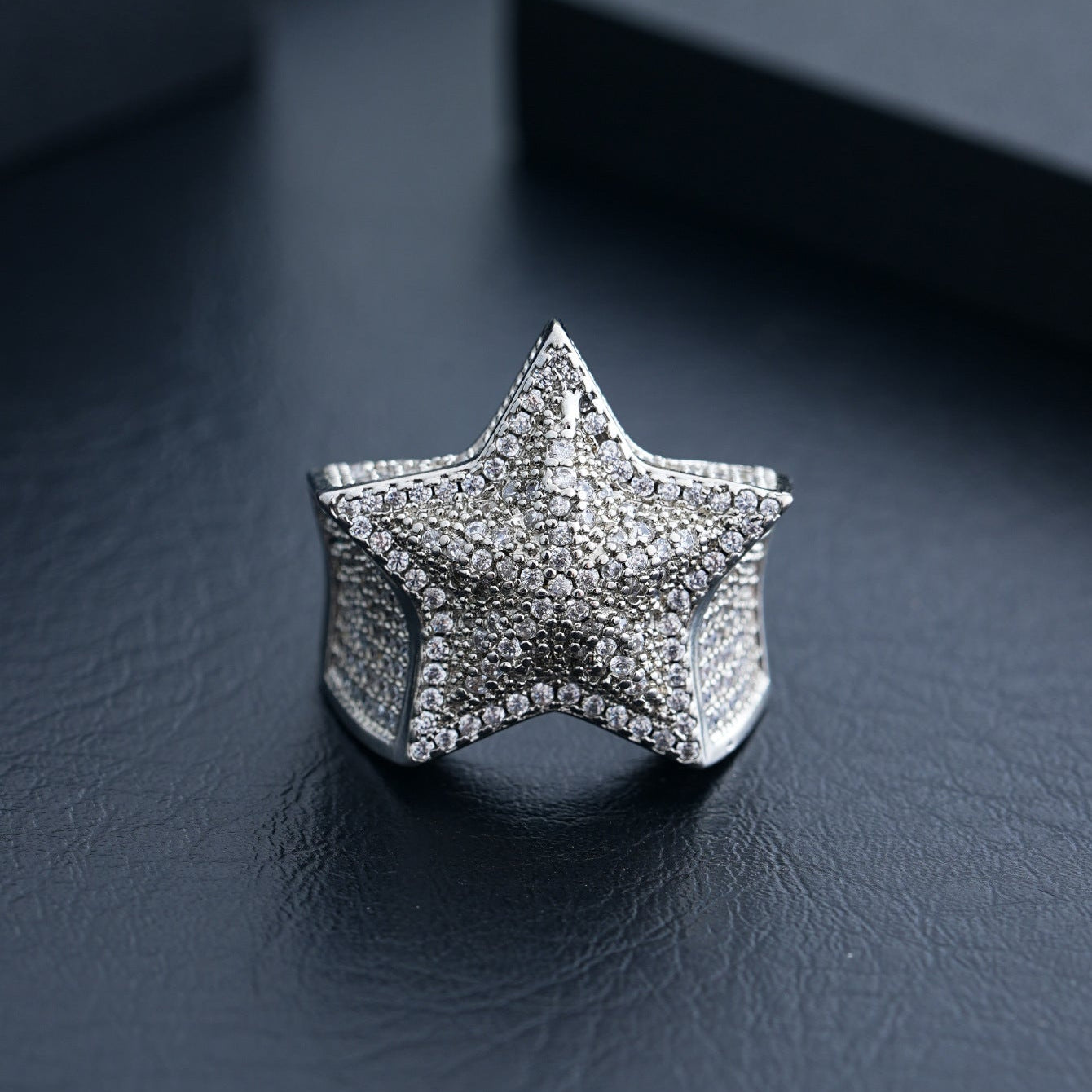 White Gold Star Ring - Raised Double-Layer Iced Star