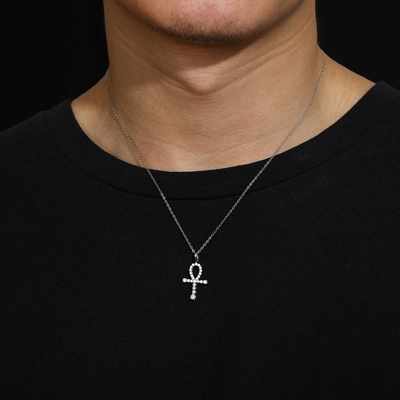 White Gold Moissanite Pendant - S925 Iced Ankh Cross