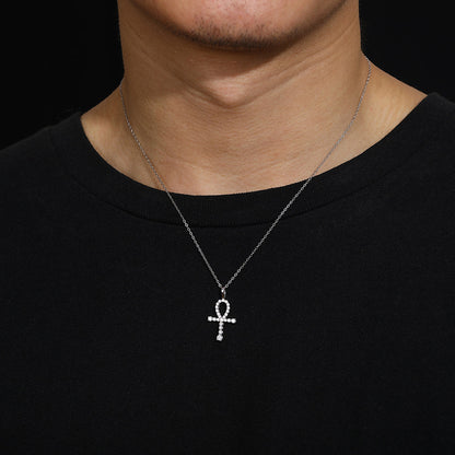 White Gold Moissanite Pendant - S925 Iced Ankh Cross