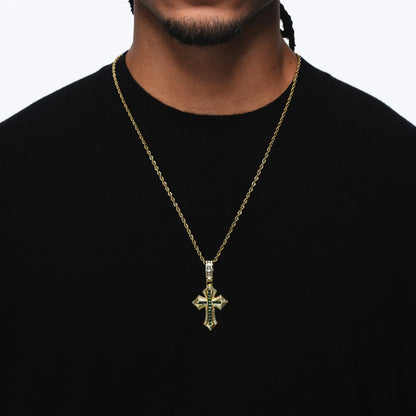 Gold Cross Pendant - Green Stone Flared Cross