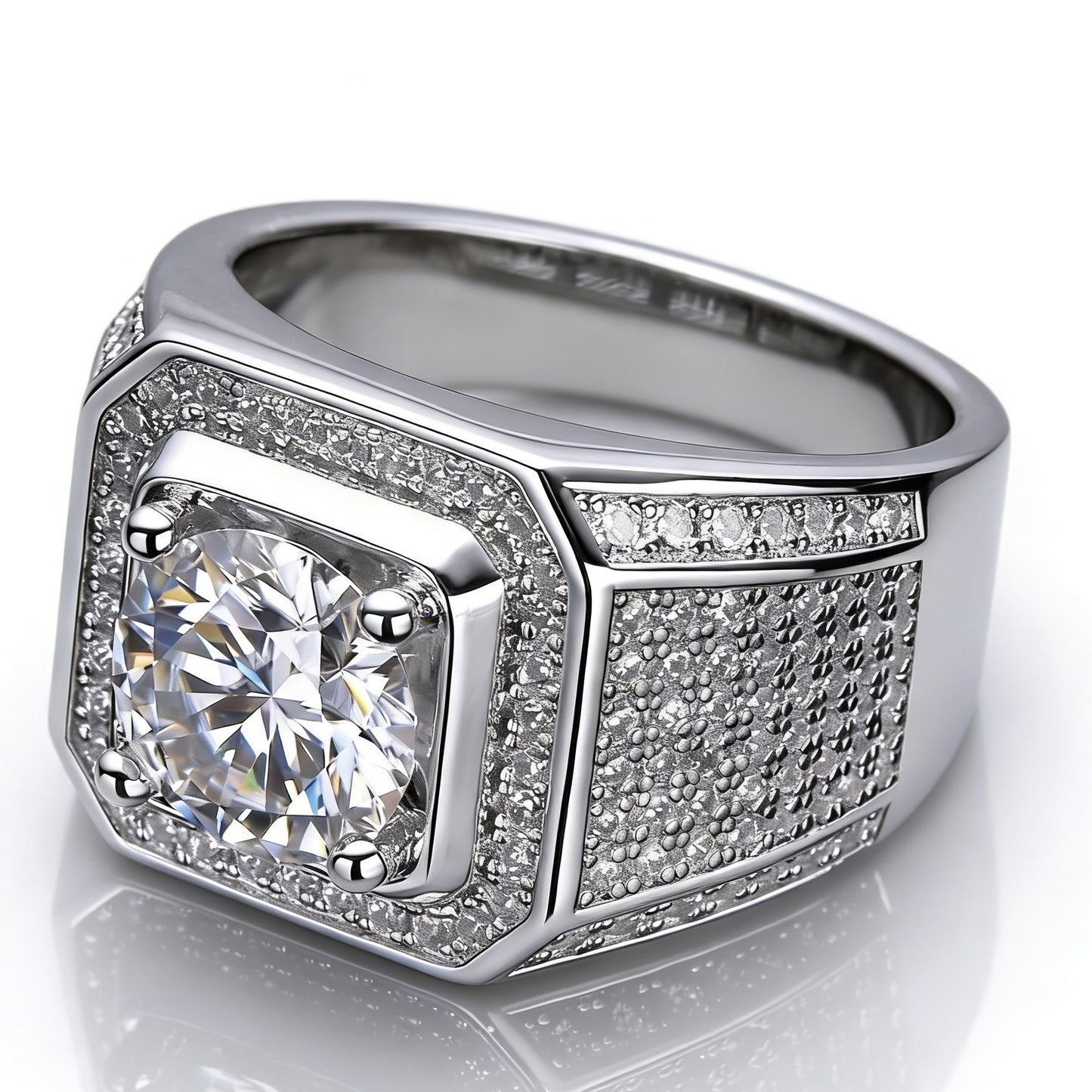 White Gold Signet Ring - Octagon Halo Iced Panels