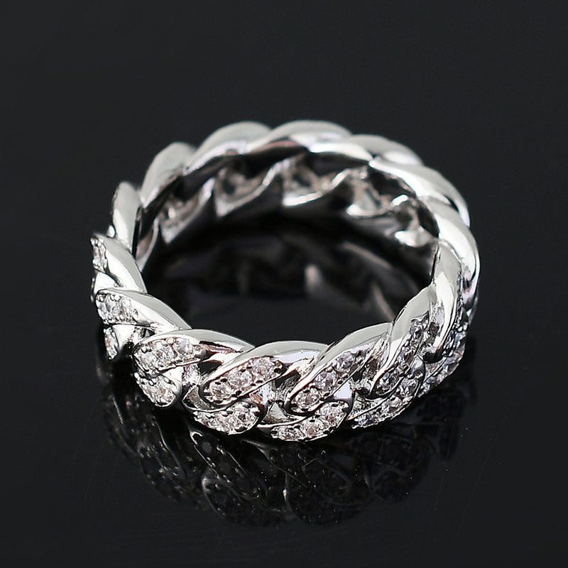 White Gold Cuban Link Ring - Iced Top Link Panels