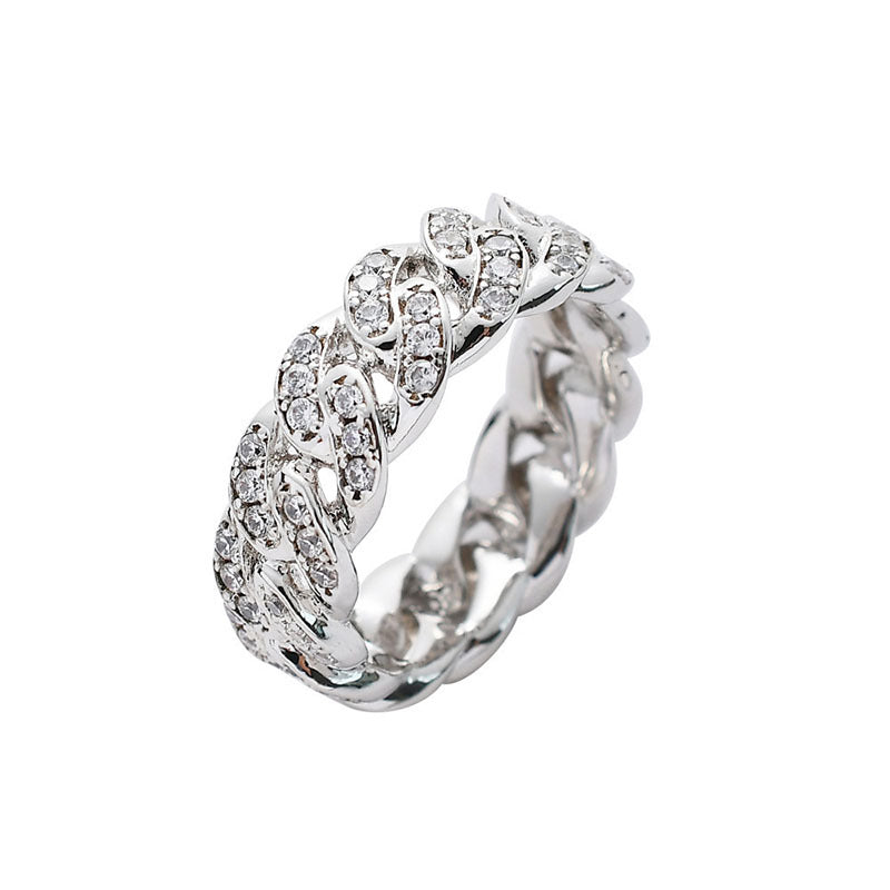 White Gold Cuban Link Ring - Iced Top Link Panels