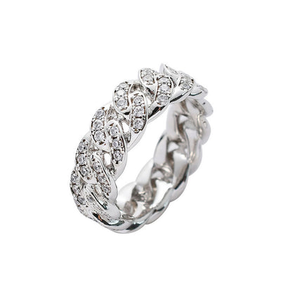 White Gold Cuban Link Ring - Iced Top Link Panels
