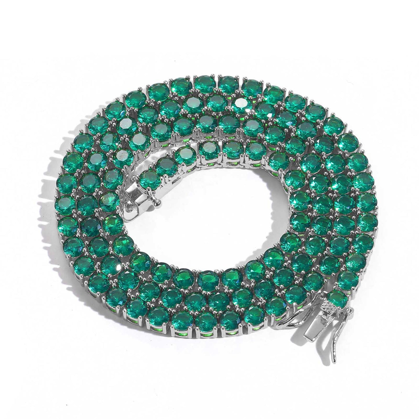 4MM White Gold Tennis Chain - Green Emerald Stones