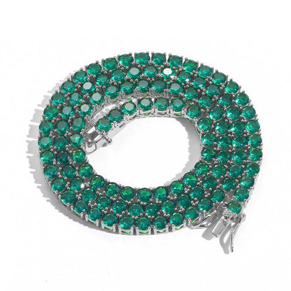 4MM White Gold Tennis Chain - Green Emerald Stones