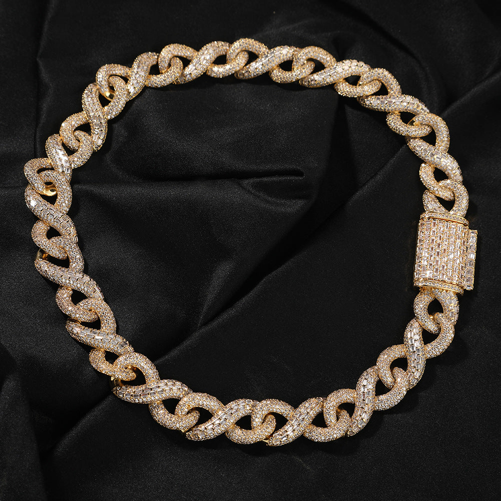 16MM gold Cuban link chain displayed in a circular loop showing its wide link structure showing clasp detail with its box