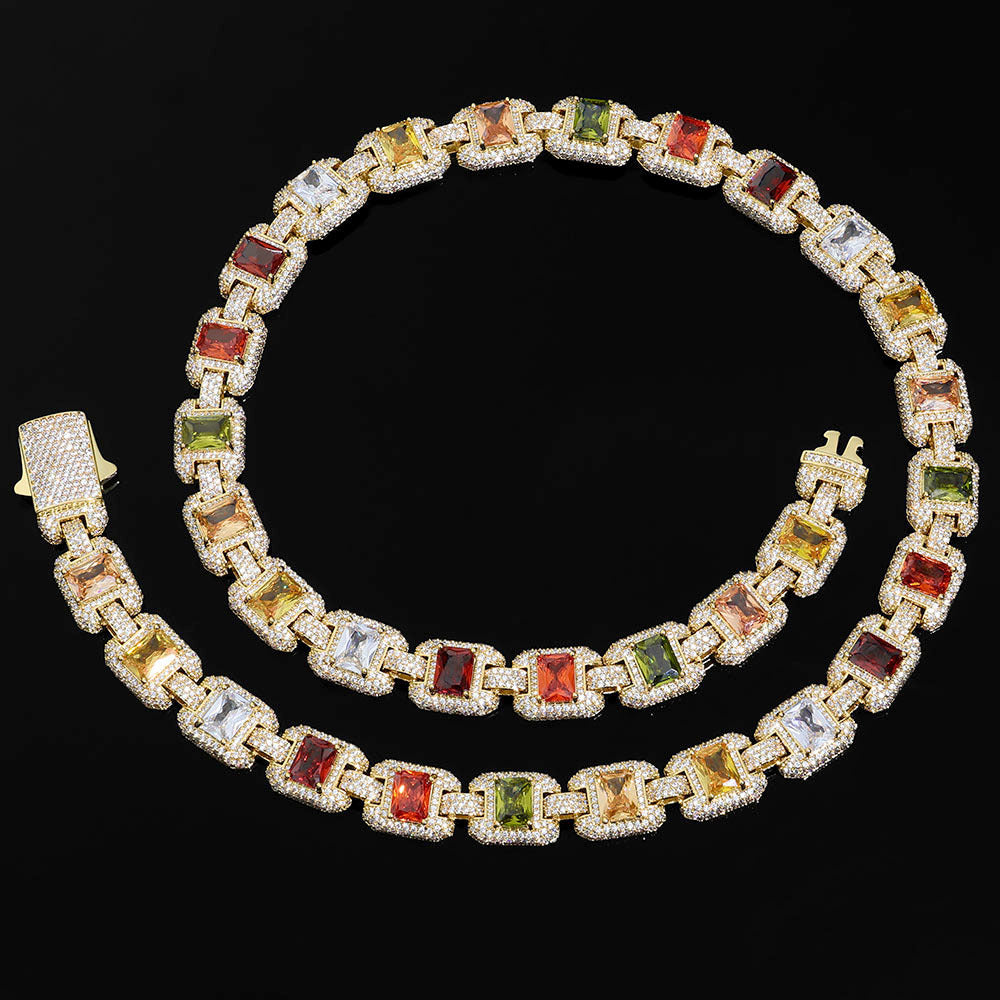 12MM Gold Tennis Chain - Multi-Color Baguette Stones