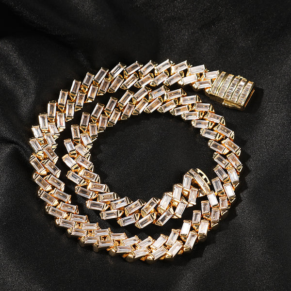 12MM 14K Gold Cuban Link Chain - Iced Out Baguette