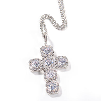 White Gold Cross Pendant - Five Stone Halo Cross