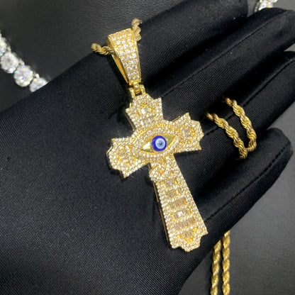 Gold Cross Pendant - Iced Out Evil Eye Cross