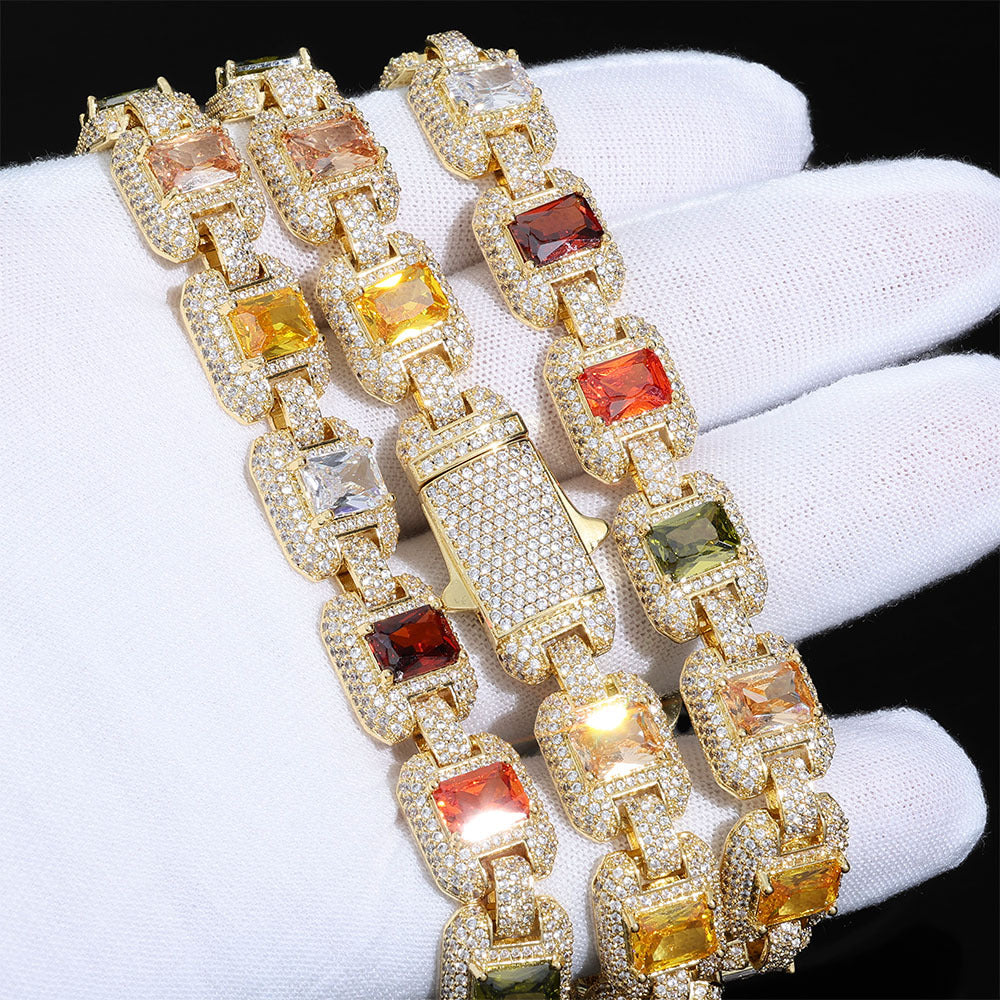 12MM Gold Tennis Chain - Multi-Color Baguette Stones