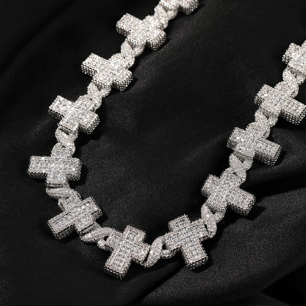 Curved 17MM white gold cross link chain displayed on black fabric