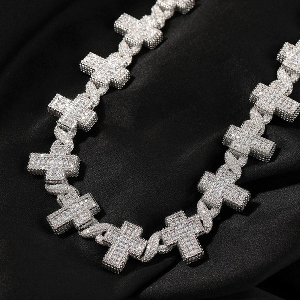 17MM White Gold Iced Out Cross Link Chain