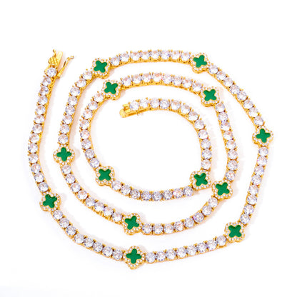 4MM Gold Tennis Chain - Iced Green Clover Design