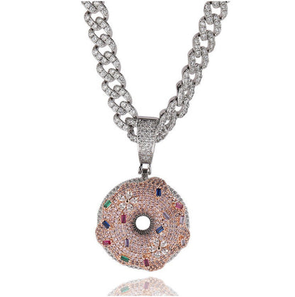 White Gold Donut Pendant - Multicolor Stone Sprinkles