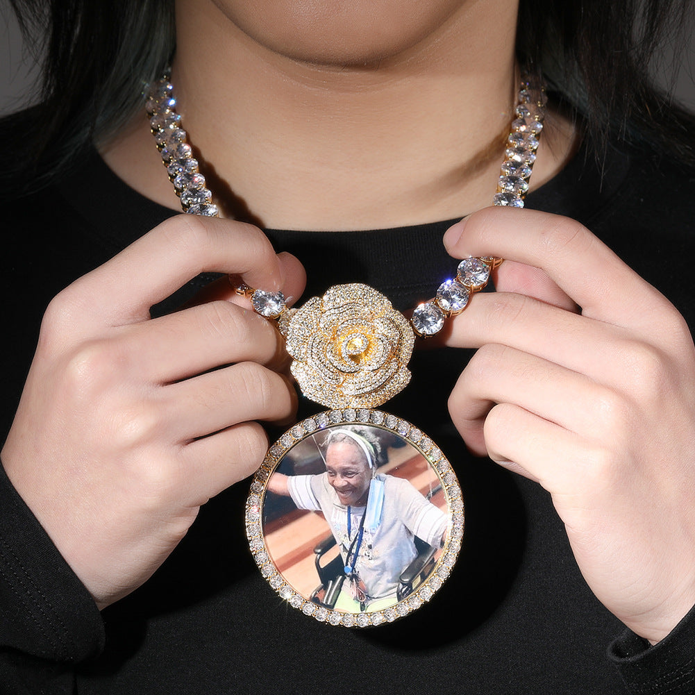 Gold Custom Photo Pendant - Iced Out Rose Medallion