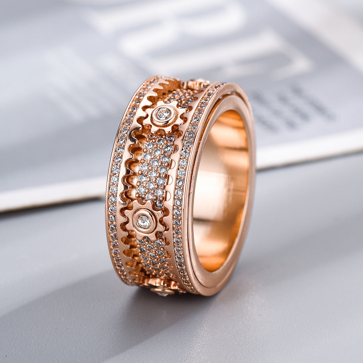 Rose Gold Spinner Ring - Iced Rotating Gear Center