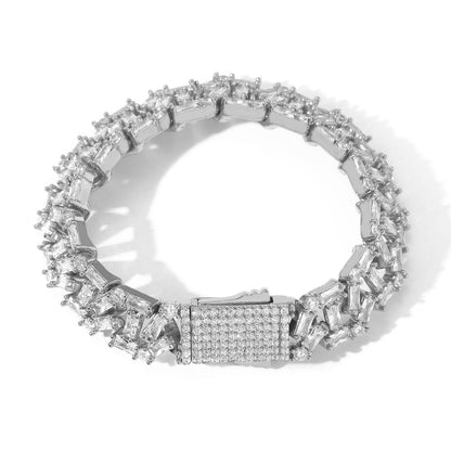 13MM White Gold Cuban Link Bracelet - Baguette Cluster Links