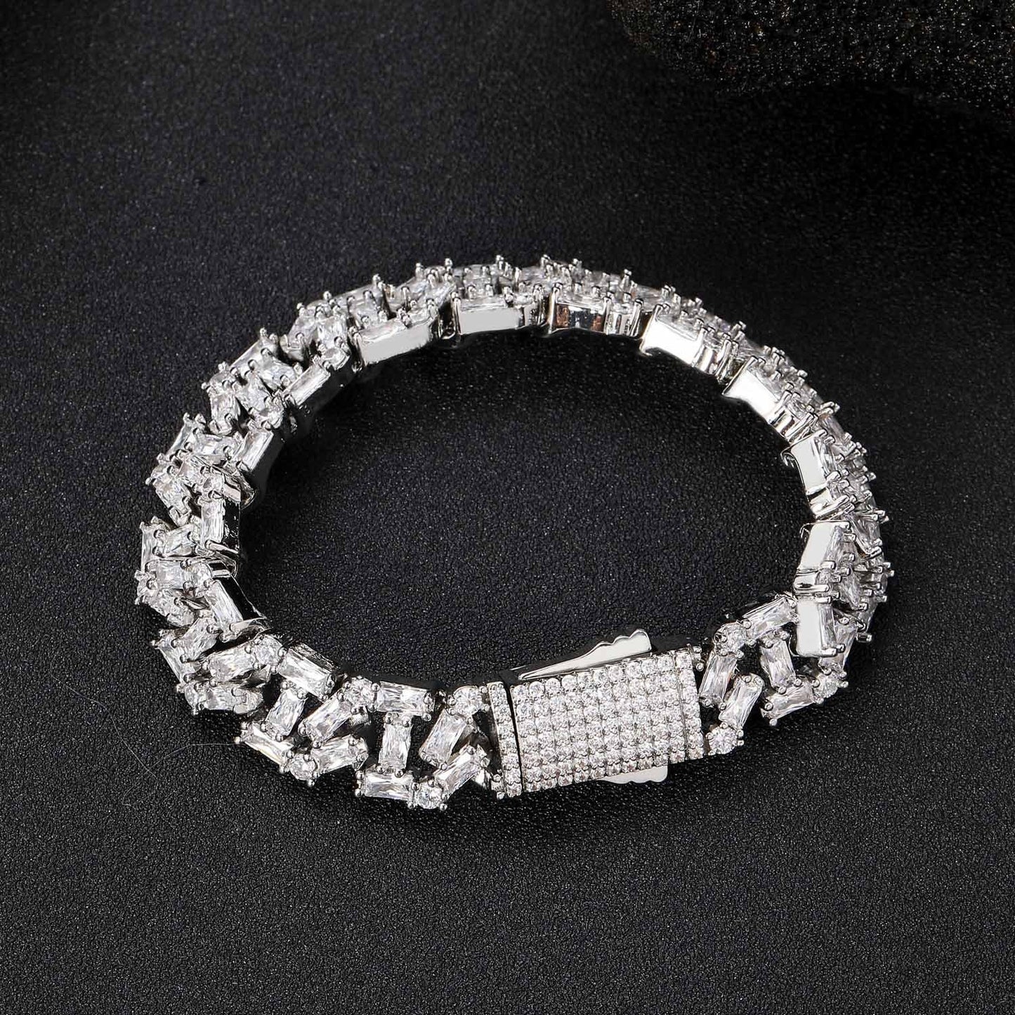 13MM White Gold Cuban Link Bracelet - Baguette Cluster Links