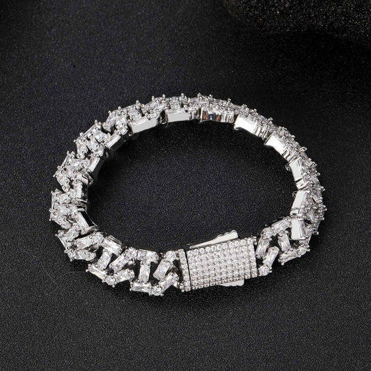 13MM White Gold Cuban Link Bracelet - Baguette Cluster Links