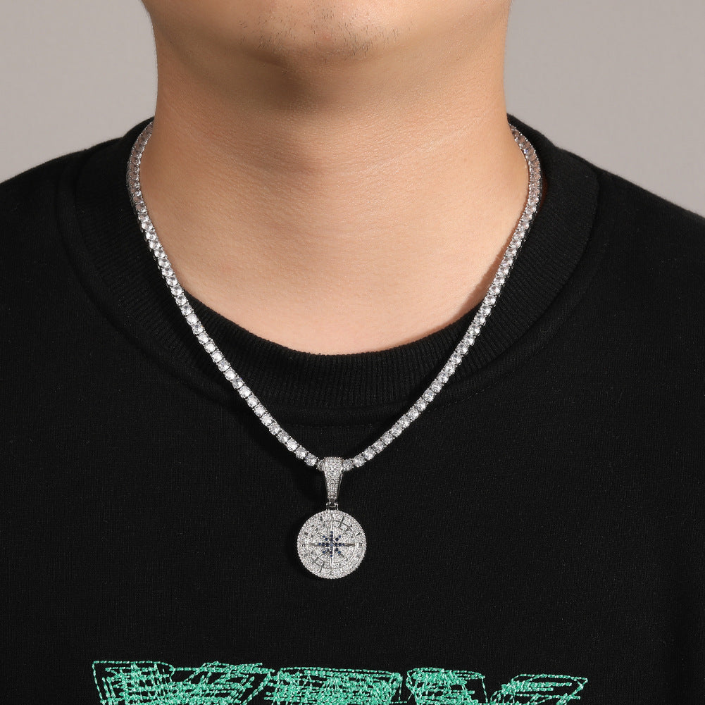 White Gold Compass Pendant - Blue Star Roman Medallion