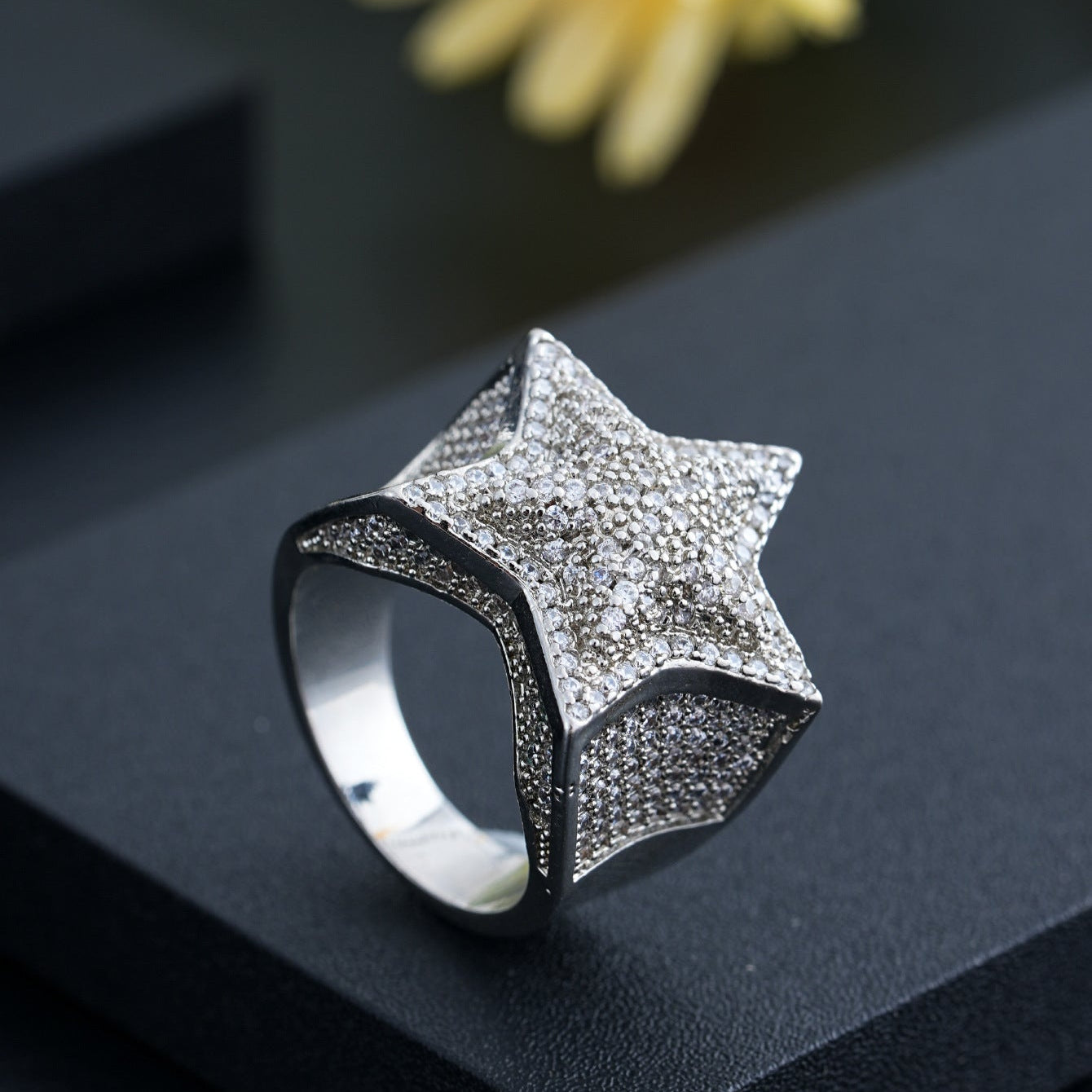 White Gold Star Ring - Raised Double-Layer Iced Star