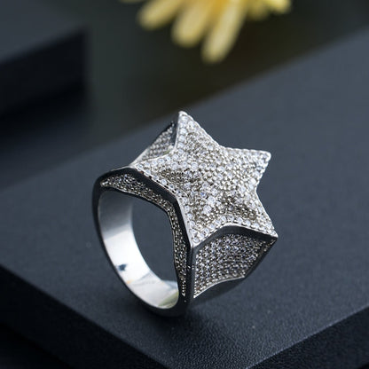 White Gold Star Ring - Raised Double-Layer Iced Star
