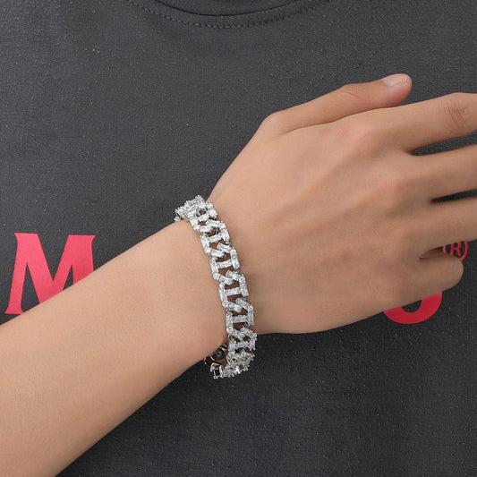 13MM White Gold Cuban Link Bracelet - Baguette Cluster Links