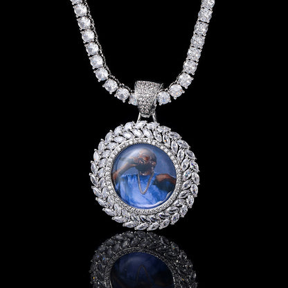 White Gold Picture Pendant - Iced Wheat Wreath