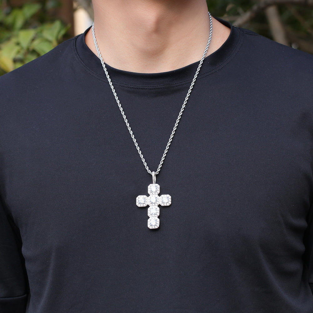 White Gold Cross Pendant - Five Stone Halo Cross